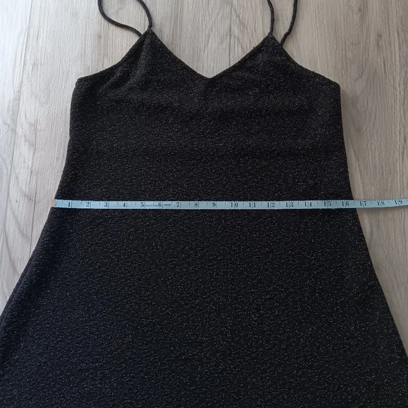 Angie Slip Mini Dress Black Silver Metallic Shimmer Spaghetti Strap Low V Medium - Picture 9 of 14